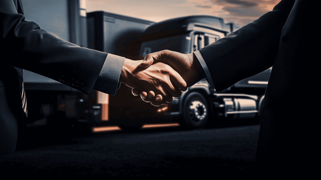 Stretta di mano tra imprenditori davanti a un camion, simbolo di partnership per la sicurezza nei trasporti con soluzioni anti-furto carburante Ajax